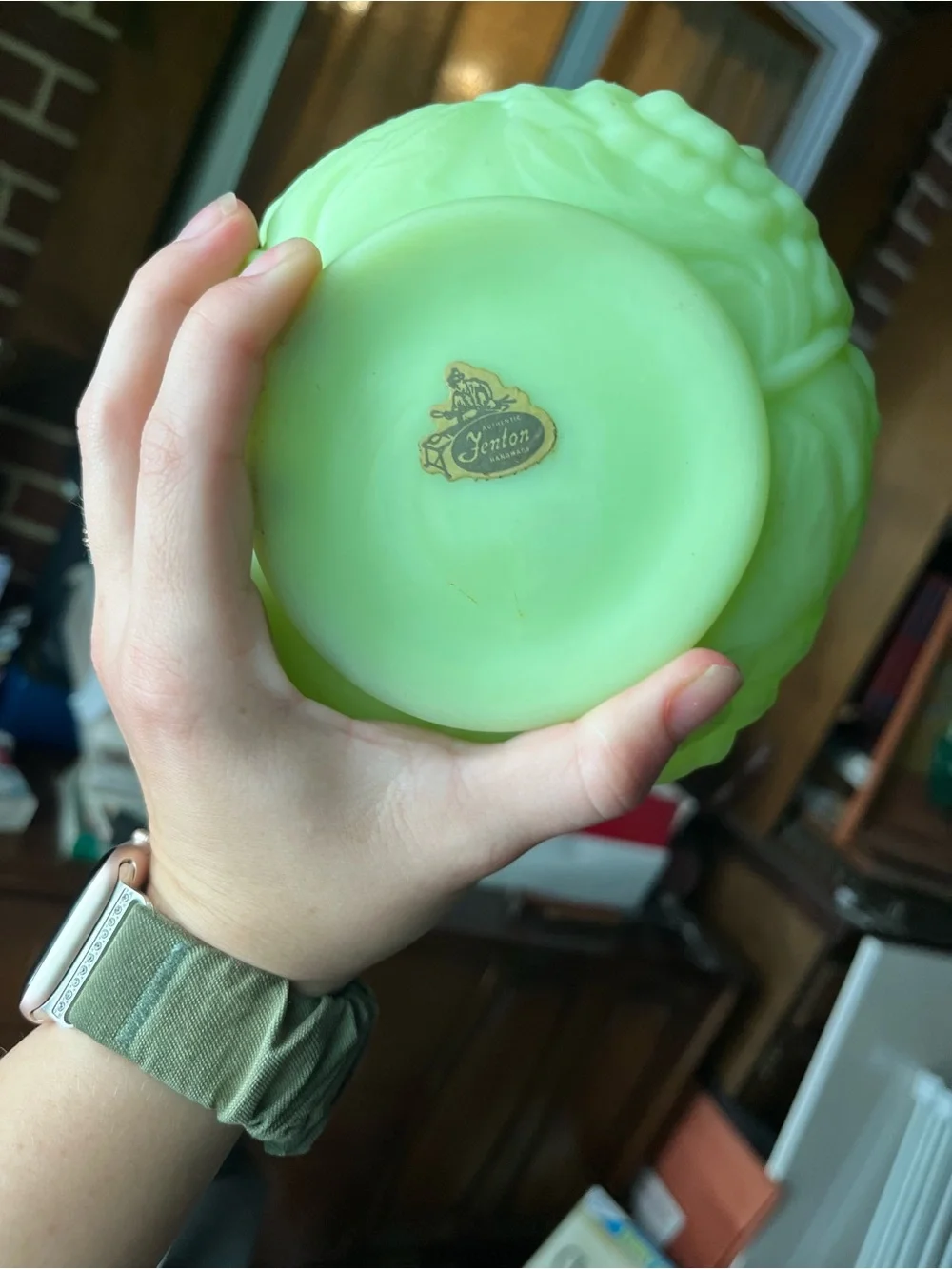Vintage Fenton Green Ruffle Poppy Flower Frosted Uranium Glass Vase or Planter